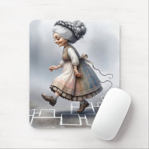 Old Lady Hopping On Game Squares Mouse Pad