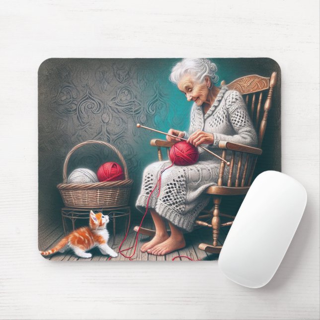 Old Lady Knitting Mouse Pad (With Mouse)