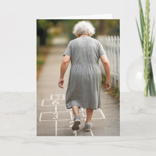 Old Lady Playing Hopscotch Birthday Humour Card