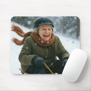 Old Lady Sledding Downhill Mouse Pad