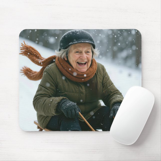 Old Lady Sledding Downhill Mouse Pad (With Mouse)