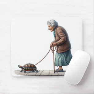 Old Lady Walking a Pet Turtle Mouse Pad