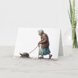 Old Lady Walking a Turtle Card