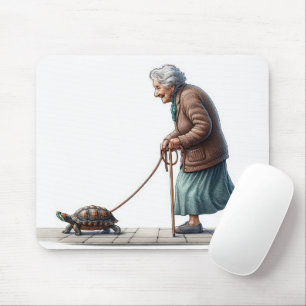 Old Lady Walking Her Turtle Mouse Pad
