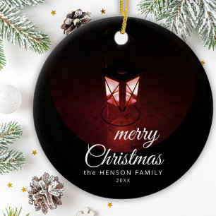 Old Lantern Light Merry Christmas Script Family Ceramic Ornament