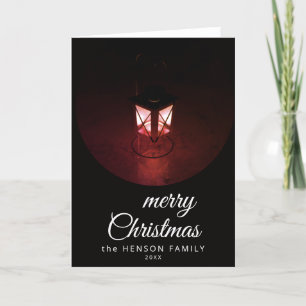 Old Lantern Light Merry Christmas Script Family Holiday Card