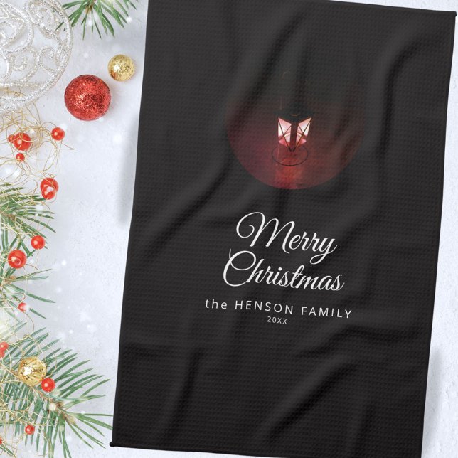 Old Lantern Light Merry Christmas Script Family Tea Towel (Creator Uploaded)