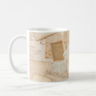 Old letters, handwritings, vintage postcards, e coffee mug