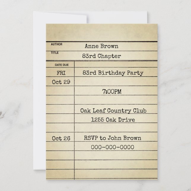 Old Library Card 83rd Birthday Party (Front)