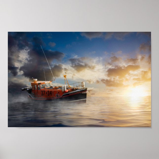 Old lifeboat at sea in Norfolk Poster (Front)