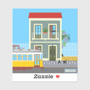 Old Lisbon house with cats and yellow tram