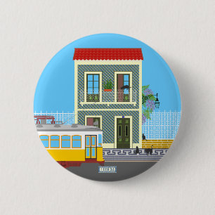 Old Lisbon house with cats and yellow tram 6 Cm Round Badge