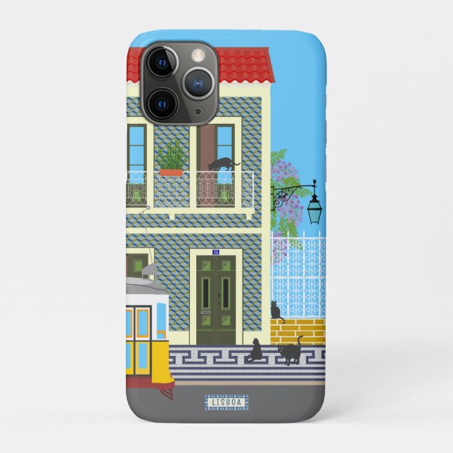 Old Lisbon house with cats  and yellow tram Case-Mate iPhone Case (Back)