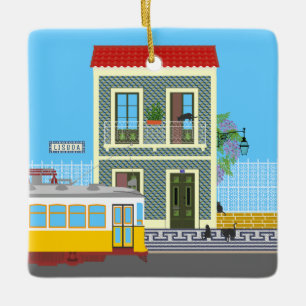 Old Lisbon house with cats  and yellow tram Ceramic Ornament