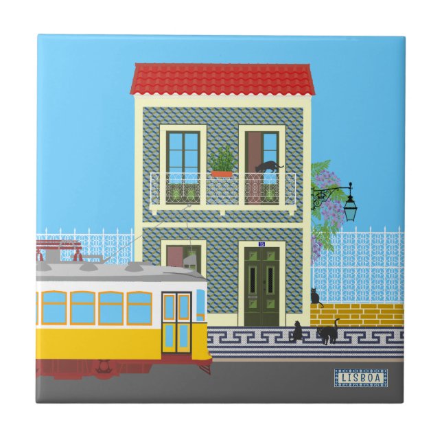 Old Lisbon house with cats  and yellow tram Ceramic Tile (Front)