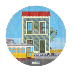 Old Lisbon house with cats and yellow tram Cutting Board