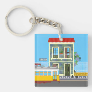 Old Lisbon house with cats and yellow tram Key Ring