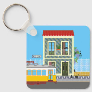 Old Lisbon house with cats and yellow tram Key Ring