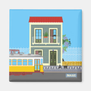 Old Lisbon house with cats and yellow tram Magnet