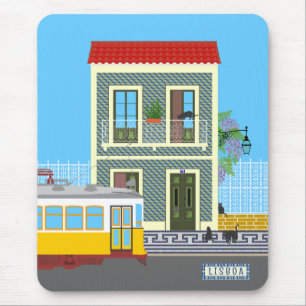 Old Lisbon house with cats and yellow tram Mouse Pad