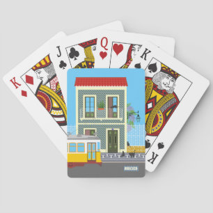 Old Lisbon house with cats  and yellow tram Playing Cards
