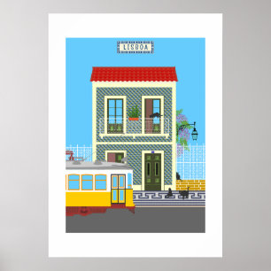 Old Lisbon house with cats and yellow tram Poster