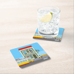 Old Lisbon house with cats and yellow tram Square Paper Coaster