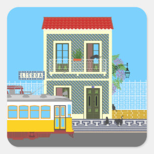 Old Lisbon house with cats and yellow tram Square Sticker
