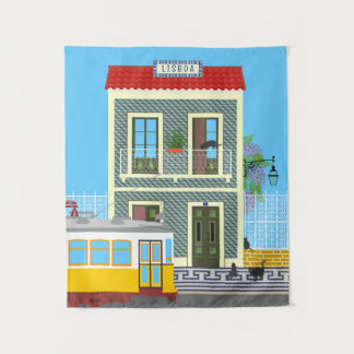 Old Lisbon house with cats  and yellow tram Tapestry