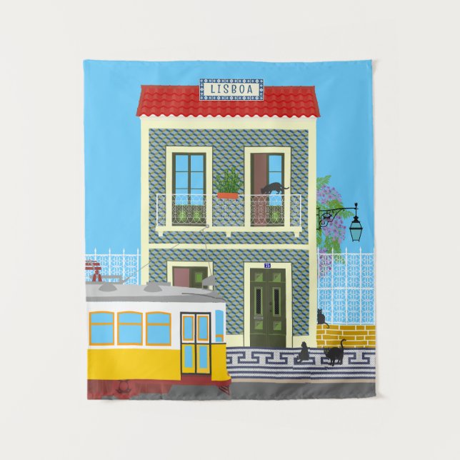 Old Lisbon house with cats  and yellow tram Tapestry (Front)