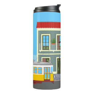 Old Lisbon house with cats  and yellow tram Thermal Tumbler