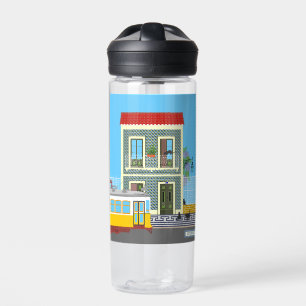 Old Lisbon house with cats and yellow tram Water Bottle