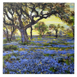 Old Live Oak Tree and Bluebells Ceramic Tile