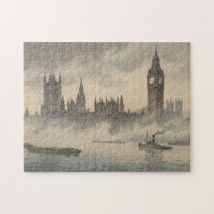 Old London in the Mist Japanese Woodblock Print Jigsaw Puzzle