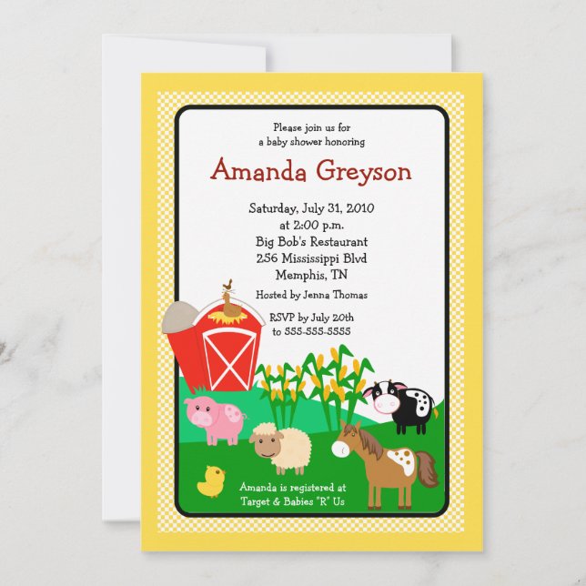 Old MacDonald Barnyard 5x7 Baby Shower Invitation (Front)