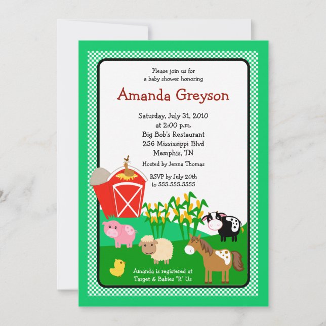 Old MacDonald Barnyard 5x7 Baby Shower Invitation (Front)