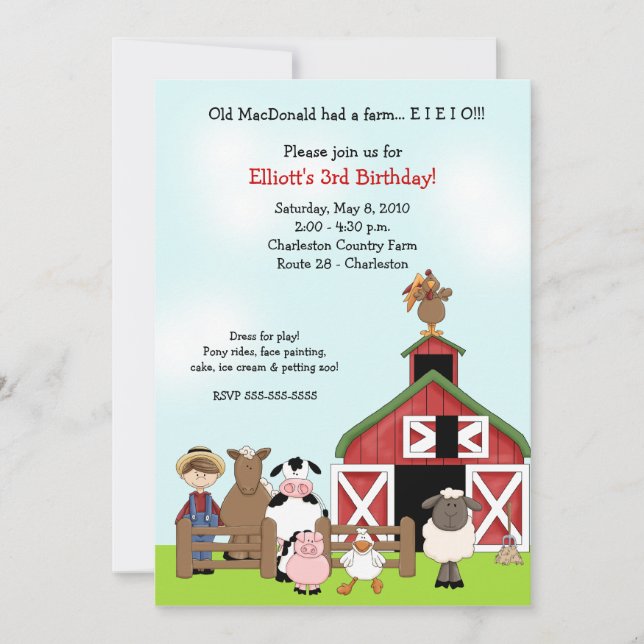 Old MacDonald EIEIO Farm Barnyard Birthday Invite (Front)