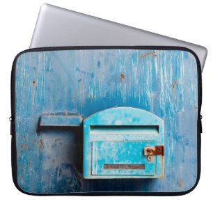 Old mail box on doorantique, background, blue, box laptop sleeve
