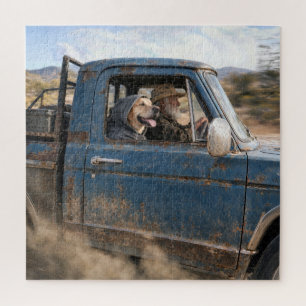 Old Man and Labrador Retriever in Blue Truck Jigsaw Puzzle