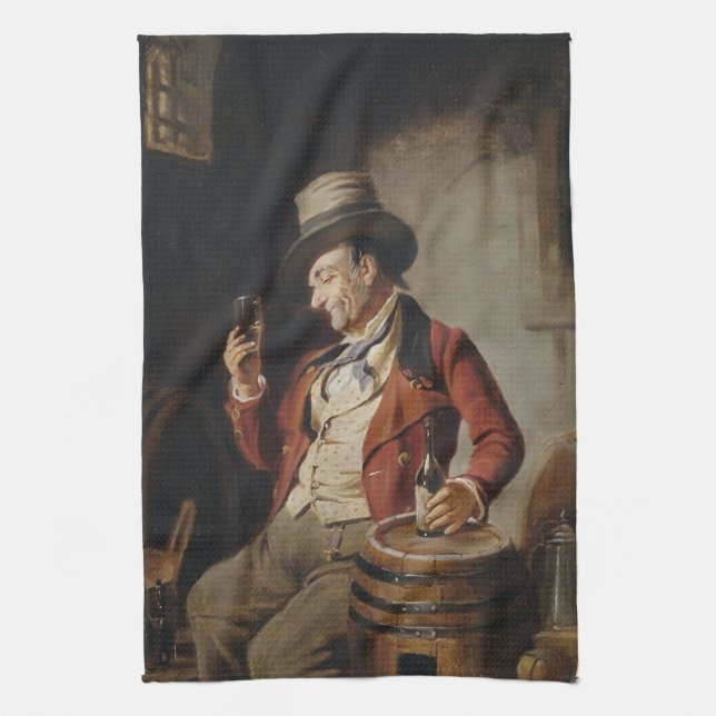 Old Man Drinking Beer Painting Tea Towel (Vertical)