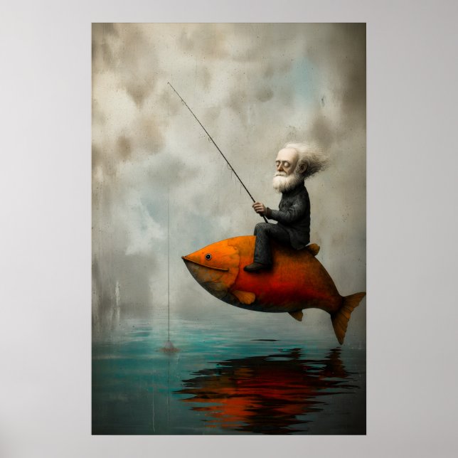 Old Man Fishing on a Floating Crimson Fish Poster (Front)
