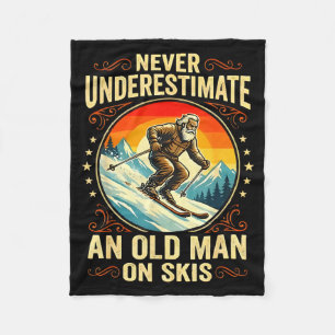Old Man On Skis Funny Winter Sport Grandpa Retired Fleece Blanket