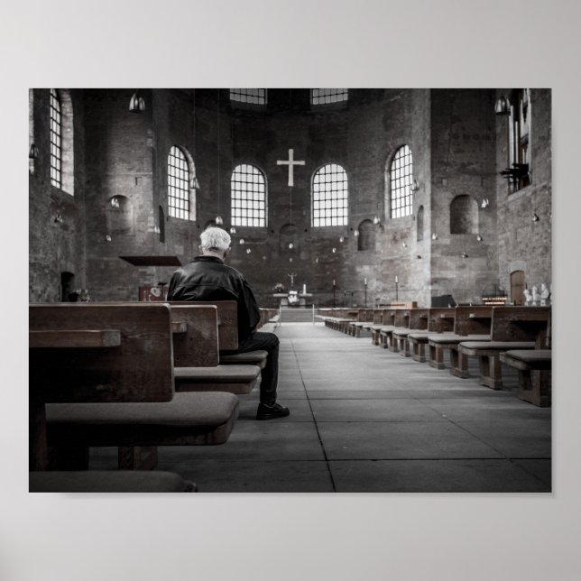Old Man Praying Alone in Gothic Church Poster (Front)