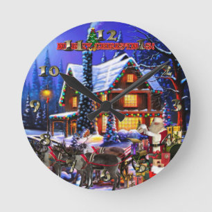 Old Man Santa Claus and Reindeer Round Clock