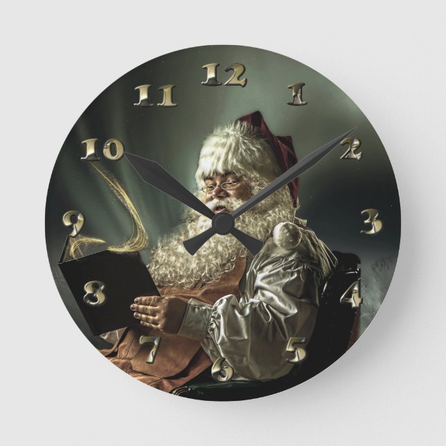 Old Man Santa Claus Reading His List Round Clock (Front)