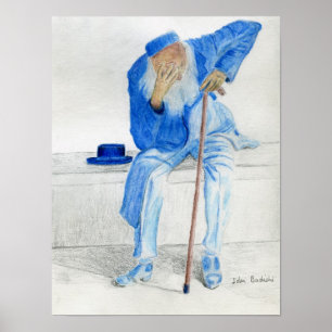 Old Man Sitting on a Bench, Wearing Blue Clothes Poster