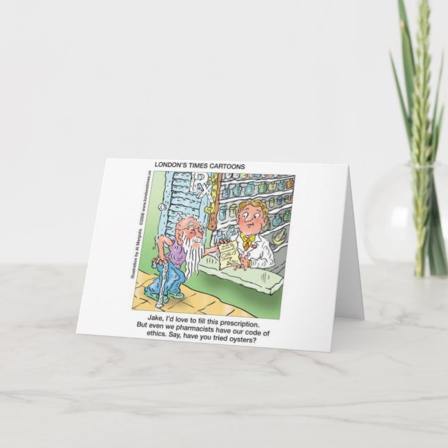 Old Man & The Pharmacy Funny Offbeat Cartoon Gifts Card (Front)