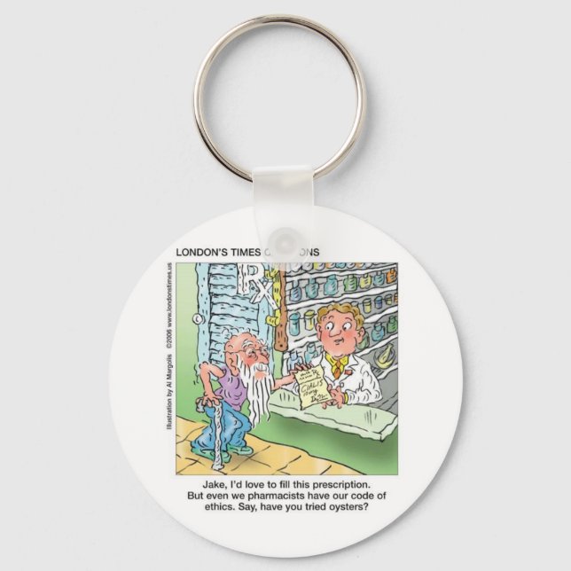 Old Man & The Pharmacy Funny Offbeat Cartoon Gifts Key Ring (Front)