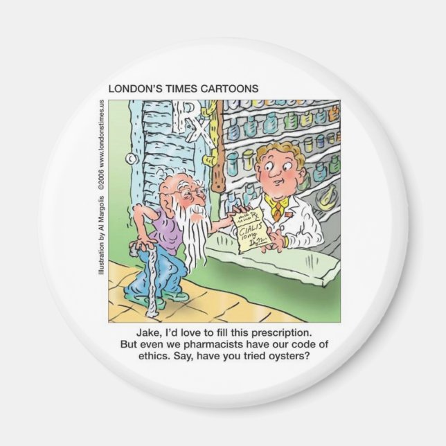 Old Man & The Pharmacy Funny Offbeat Cartoon Gifts Magnet (Front)