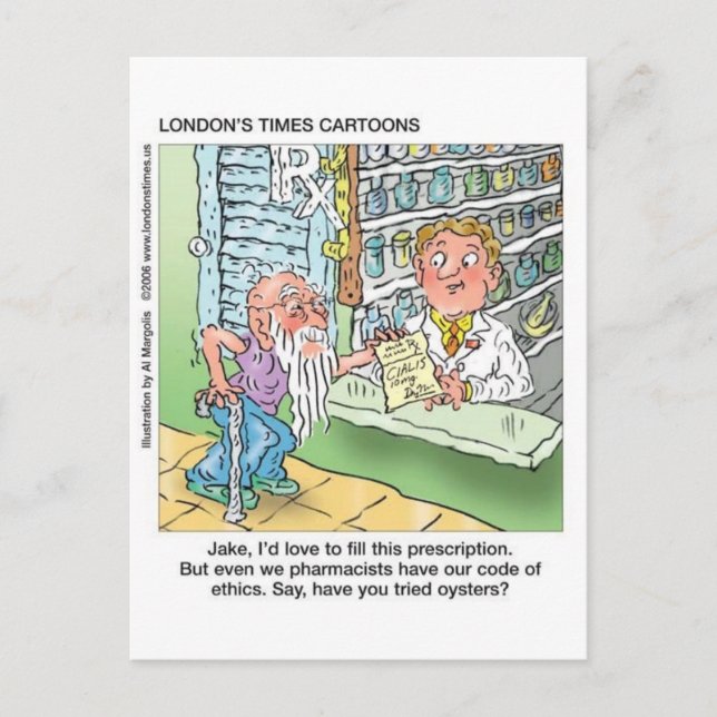 Old Man & The Pharmacy Funny Offbeat Cartoon Gifts Postcard (Front)